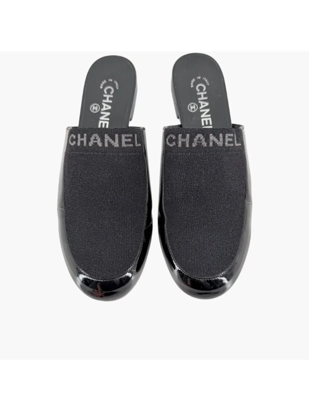 Chanel Logo Glitter Lurex Black Patent Leather Mule Flats Size 39 C US 8-8.5